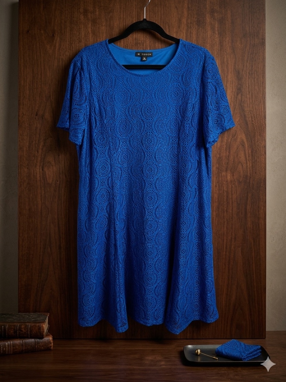 N Touch Royal Blue Lace Knit Short Sleeve Fit & Flare Dress XL